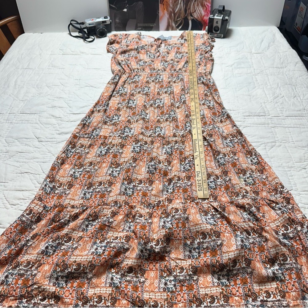 Boho Coral Midi Dress | Flowy Gathered Waist · Lark + Grey - Picture 5 of 11